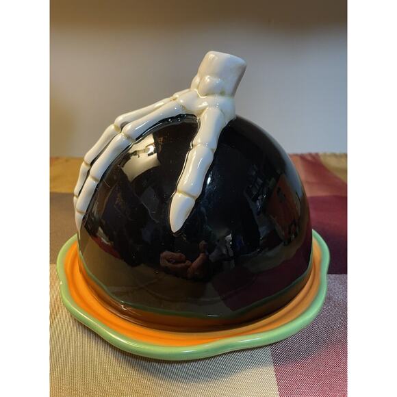 Halloween Ceramic Black & Orange Skeleton Hand Covered Serving Plate, Read All - Picture 2 of 10